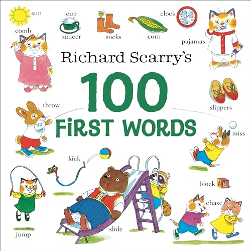 Richard Scarry’s “100 First Words” book cover with animal illustrations.