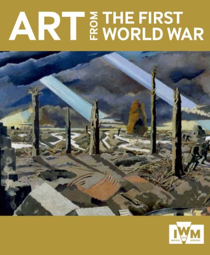 WWI battlefield painting with skeletal trees and stormy sky.
