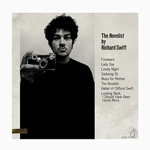 Black and white portrait of Richard Swift holding a camera with tracklist text alongside.