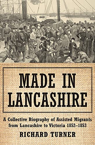 Book cover depicting 19th-century migrants near a ship, titled "Made in Lancashire".