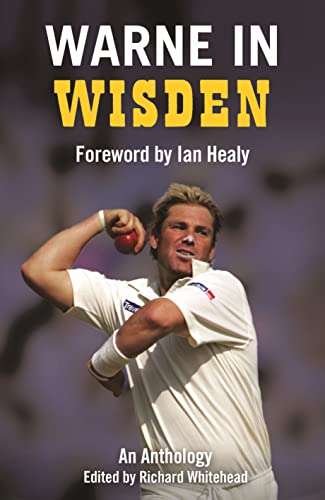 Book cover featuring Shane Warne bowling, titled “Warne in Wisden.”