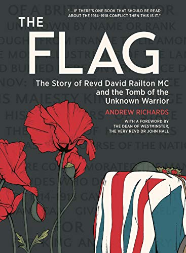 Book cover featuring red poppies and a person draped in a Union Jack.