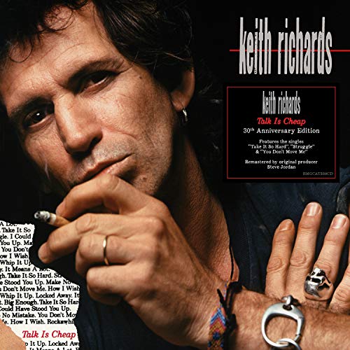 The alt text for the image is: "Album cover featuring Keith Richards with a cigarette, jewelry, and song lyrics."