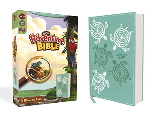 Teal Adventure Bible with turtle design and colorful box illustration.