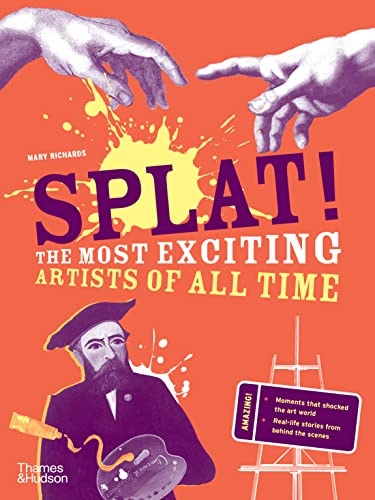 Book cover with orange background, purple hands, an artist, and the title Splat!