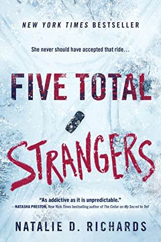 Book cover for "Five Total Strangers" with snowy road and car image.