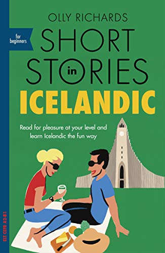 Book cover: “Short Stories in Icelandic” with illustrated couple and Hallgrímskirkja.