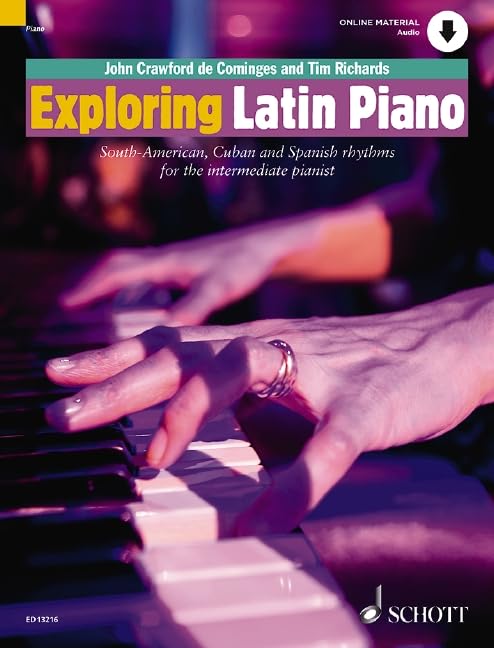 Exploring Latin Piano" book cover with pianist’s hands on keys.