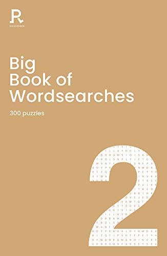 Beige book cover with white text: "Big Book of Wordsearches 2", plus letter grid.