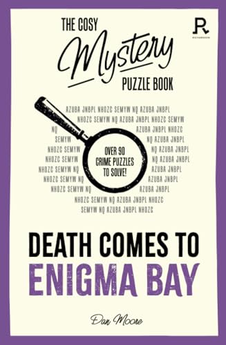 Book cover with a magnifying glass and cryptic text, titled "Death Comes To Enigma Bay".