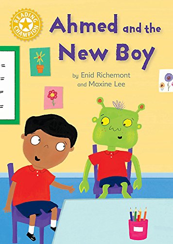 Book cover: boy and green alien sitting at a school desk.