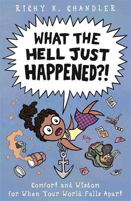 Book cover with illustrated woman falling amidst scattered objects and text.