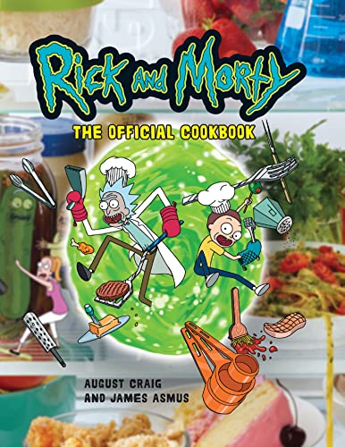 “Rick and Morty: The Official Cookbook” cover with cartoon characters and food.
