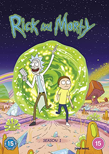 Rick and Morty standing before a green portal on an alien planet, DVD cover.