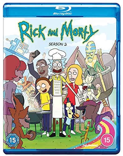 Blu-ray cover for "Rick and Morty: Season 2" featuring cartoon characters.