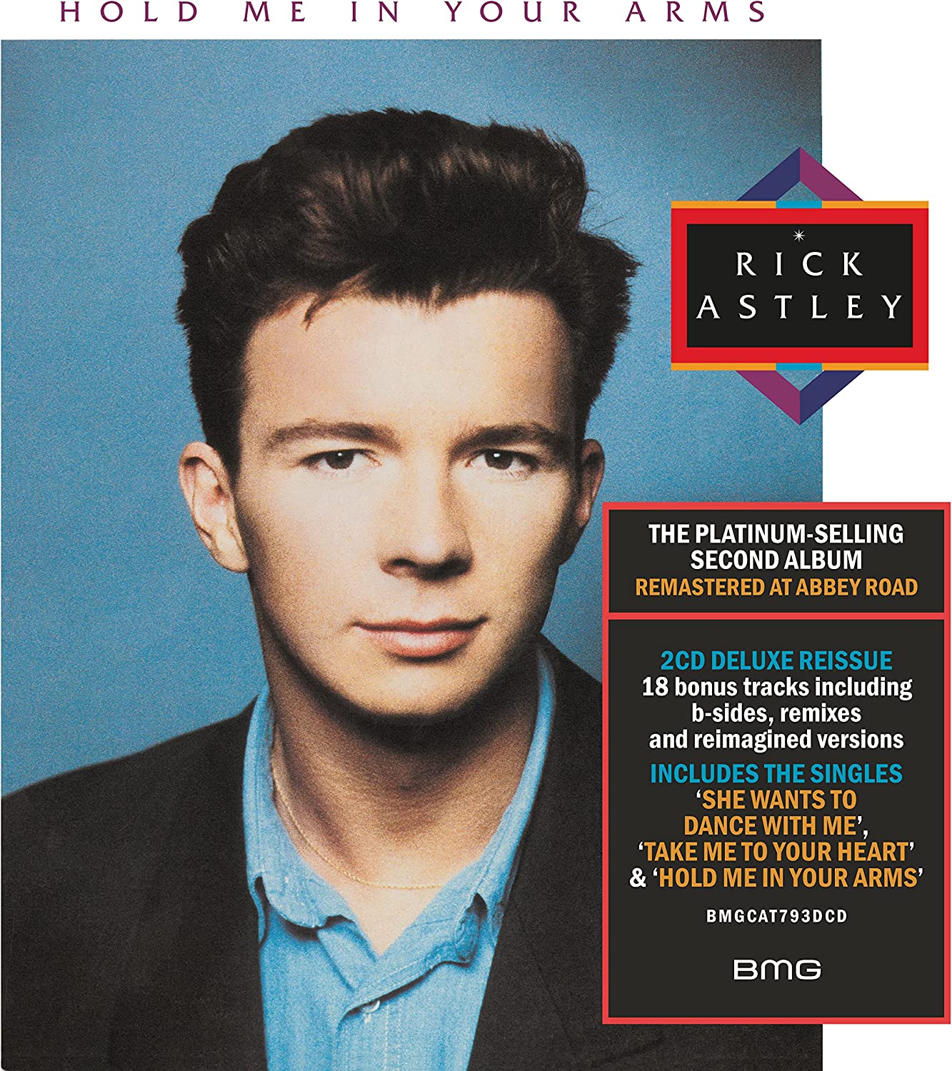 "Album cover featuring Rick Astley's portrait, with text overlays and geometric shapes."