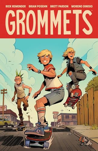 Comic book cover featuring three young people skateboarding in a town.