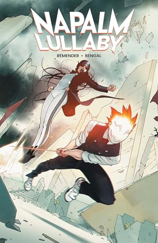 Comic book cover showing a woman and a masked figure fighting amidst falling debris.