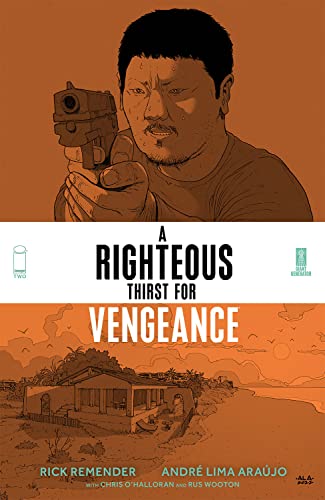 Comic book cover: man with gun, orange tones, and a landscape below.