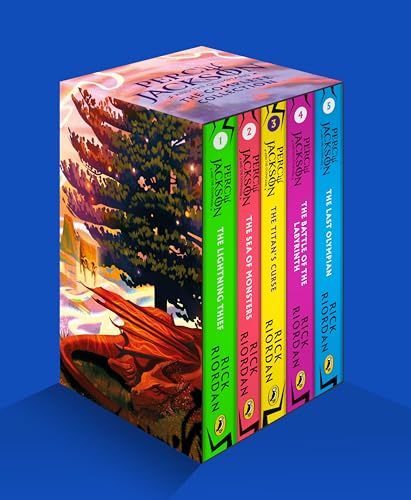 Five Percy Jackson books in a boxed set, spines facing forward.
