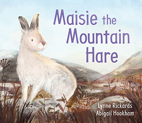 A white mountain hare standing in a grassy, mountainous landscape on a book cover.