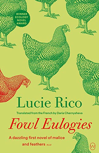 Book cover: green background with patterned chickens and red text, "Fowl Eulogies.