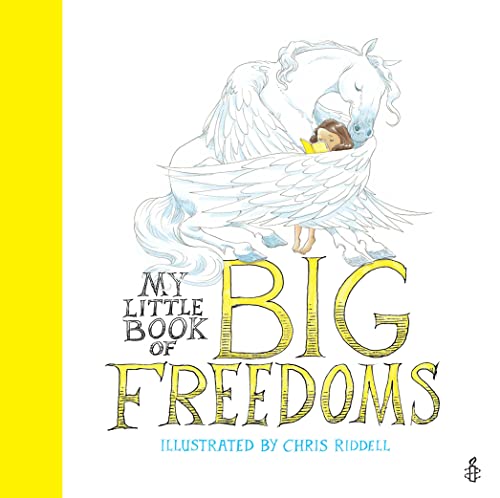 A child reading a book while embraced by a white winged horse, title text below.