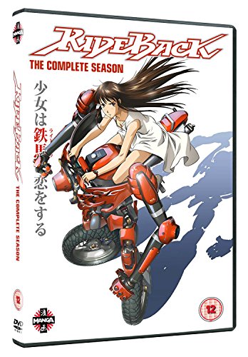"Anime DVD case featuring a girl riding a robotic motorcycle on a white background."