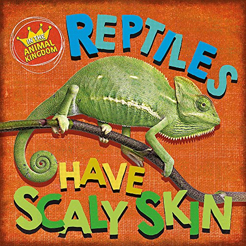 Green chameleon on a branch with the book title "Reptiles Have Scaly Skin".