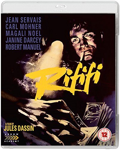 Blu-ray cover for the film *Rififi*, featuring a man with a gun and gold.