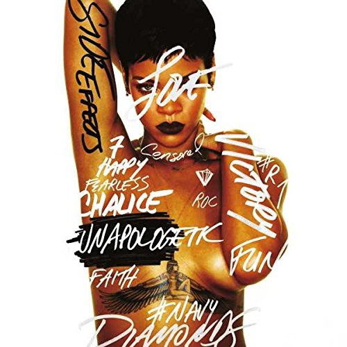 Rihanna with short hair and handwritten text covering her skin against a white background.