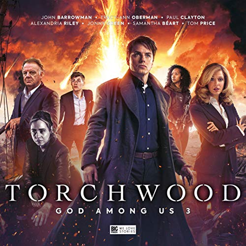 Torchwood cast standing amidst a fiery, apocalyptic cityscape.