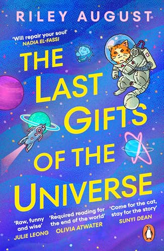 Book cover: cat astronaut with planets, purple and yellow text.