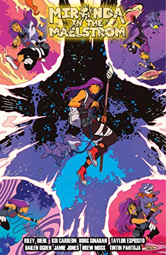 Comic book cover: young woman with purple hair falling through a swirling vortex.