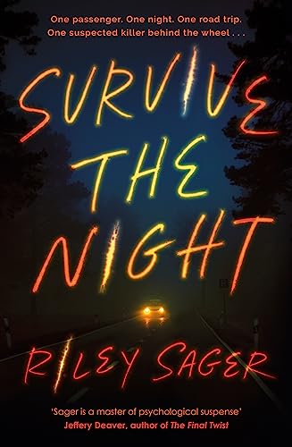 Book cover showing a car driving down a dark road with glowing neon text.