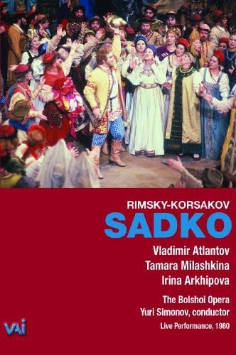 A large cast in traditional Russian costumes performs on stage for the opera Sadko.