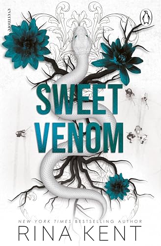 Book cover: white snake entwined with dark floral branches, title "Sweet Venom".