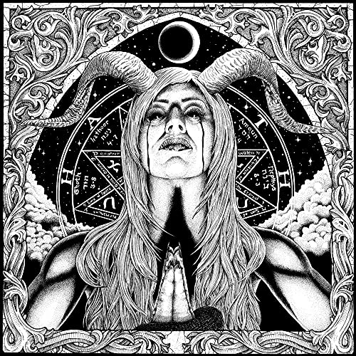 Black and white illustration of a horned figure with a moon backdrop.
