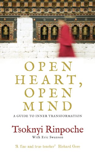 Book cover showing a blurred monk in red robes walking past Buddhist prayer wheels.