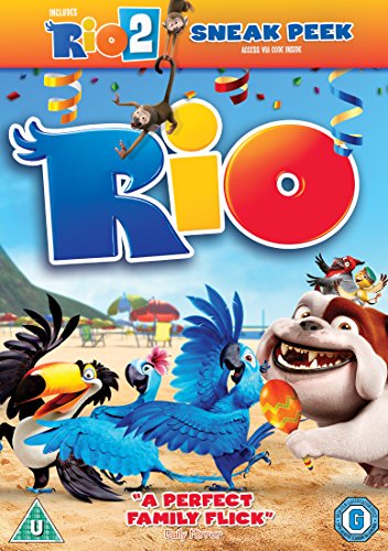 Rio" DVD cover featuring colorful birds, a dog, and movie branding.