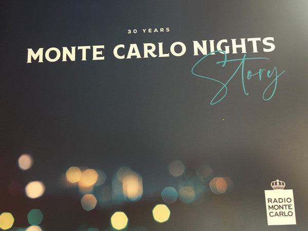 Dark album cover with white text "Monte Carlo Nights Story" and bokeh lights.