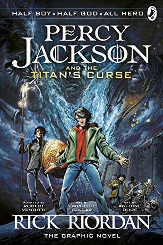 Graphic novel cover featuring Percy Jackson and companions against a dark, stormy background.