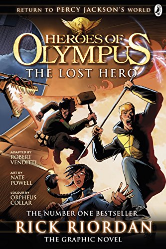 Cover of “The Lost Hero” graphic novel featuring three young heroes.