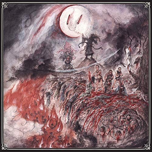 Dark, chaotic painting of a demonic scene with figures and fire.