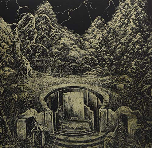 DetailedLino-cut style art of a stone altar in a dark, stormy forest.