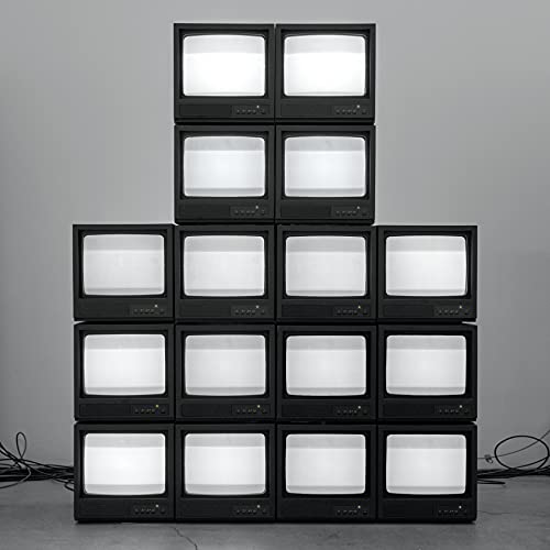 Pyramid of nine black and white retro televisions with blank screens.