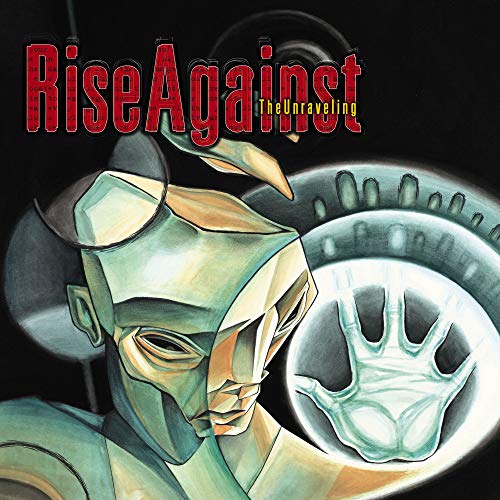 Rise Against album cover: painted face with mechanical elements and a hand.