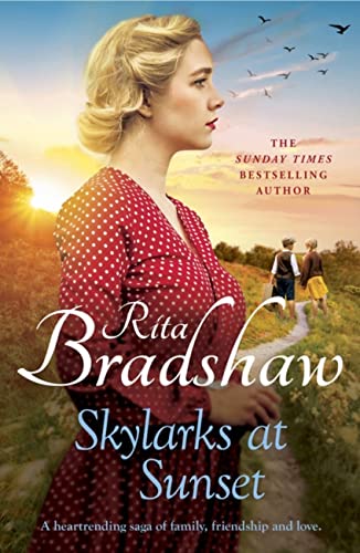 Book cover: woman in red dress, birds flying, sunset background.