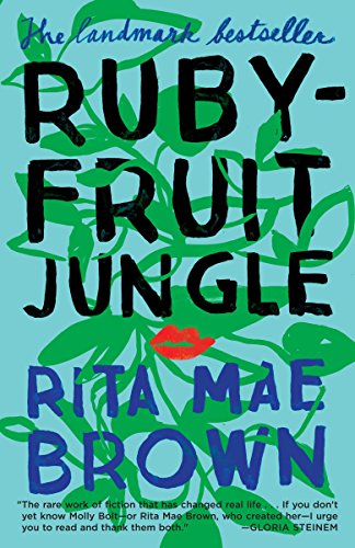 Book cover for "Ruby Fruit Jungle" by Rita Mae Brown, floral design.