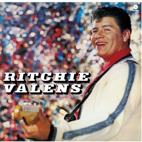 Ritchie Valens album cover with portrait, guitar, and confetti background.